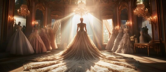 A stunning luxury wedding dress stands in the spotlight in bridal shop. AI generated image - obrazy, fototapety, plakaty