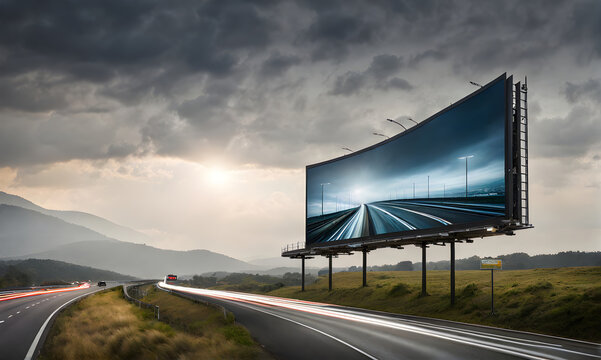 Billboard standing tall beside a bustling highway under a moody sky