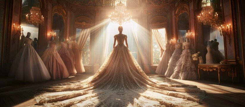 A stunning luxury wedding dress stands in the spotlight in bridal shop. AI generated image