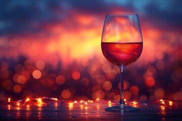 A wine glass filled with red liquid is elegantly placed on a table, surrounded by candles in the background
