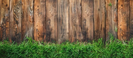 Wooden fence door with green grass lawn outside of house. AI generated image