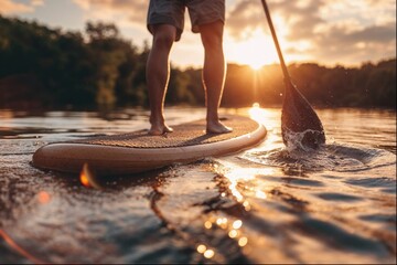 Stand up paddle boarding or standup paddleboarding on quiet lake at sunset with beautiful colors during warm summer beach vacation holiday - obrazy, fototapety, plakaty