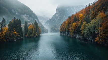 Autumn at a lake with mountains