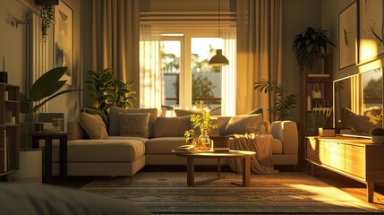 White living room interior with sofa and drawer with art decoration, carpet on hardwood floor. Mock up canvas poster on molding wall. 3D rendering