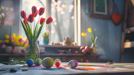 Photo of an Easter egg painting setup on a kitchen table with scattered colors and a vase of tulips - obrazy, fototapety, plakaty