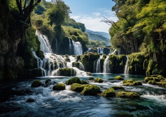 Obraz premium A powerful and cascading waterfall surrounded by lush trees and foliage in a serene forest setting.