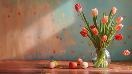 Photo of an Easter egg painting setup on a kitchen table with scattered colors and a vase of tulips