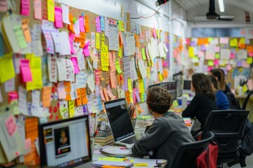 people in an office with a lot of sticky notes on the wal Generative AI