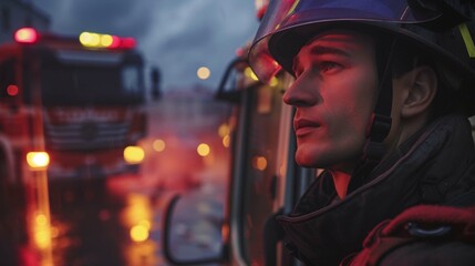 Fireman in uniform in front of fire truck going to rescue and protect. Emergancy servise concept.