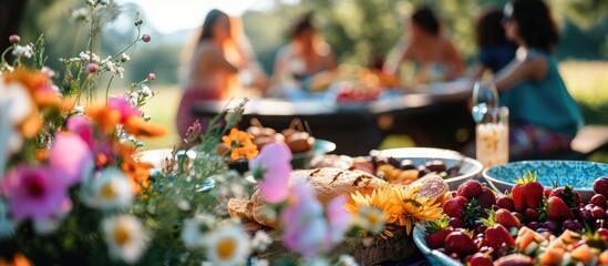 Outdoor gathering with picnic food and flowers on a sunny day.