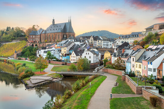 View of  Saarburg, Germany in place of confluence of rivers Saar and Leukbach
