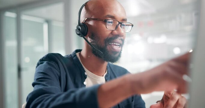 Call center, businessman and happy with communication and telemarketing for customer service or headset. Consultant, black man and helpdesk operator with discussion, microphone or crm support at work