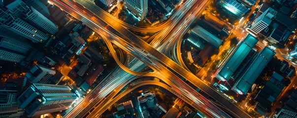Birds eye view of a bustling Thai city at night with intersecting highways. Concept Nighttime Cityscape, Traffic Trails, Highway Intersections, Urban Glow, Thai Cityscape - obrazy, fototapety, plakaty