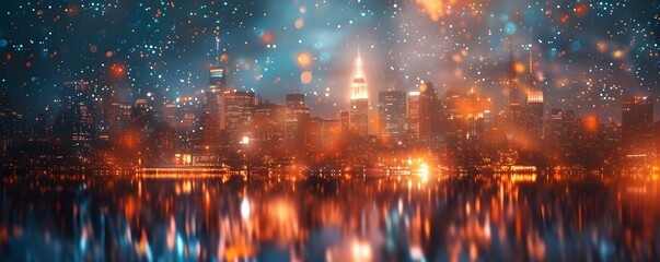 Cityscape illuminated by stars artfully painted in urban style. Concept Starry Urban Nights, Cityscape Art, Illuminated Skyline, Urban Starry Nights, Artistic Cityscapes