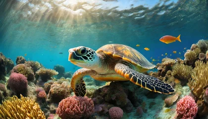 Schilderijen op glas beautiful turtle swims underwater in the ocean © Omega