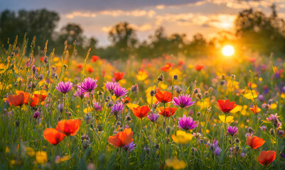 Sunny spring field: Vibrant flowers under the sun