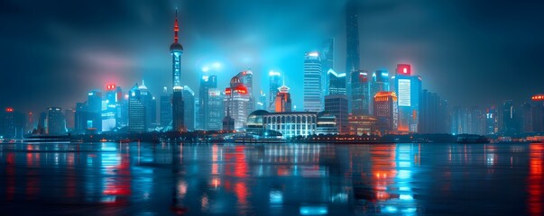 Fototapeta na wymiar A captivating night view of Shanghais financial district and skyline by the Huangpu river in China. Concept Cityscape Photography, Shanghai Skyline, Huangpu River, Night View, Financial District