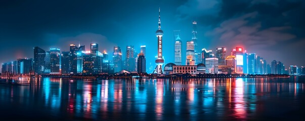 Glimpsing Shanghai's Breathtaking Night Skyline at the Huangpu River in China. Concept Breathtaking Night Skyline, Huangpu River, Shanghai, China