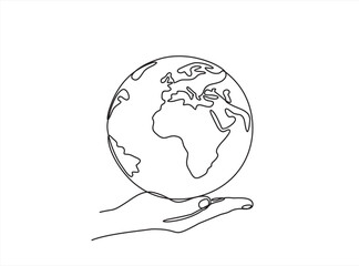 Continuous one line drawing. hand holding Earth globe.