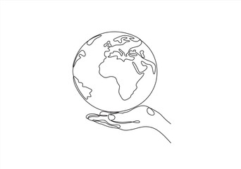 Continuous one line drawing. hand holding Earth globe.