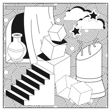 Picture for coloring. Psychedelic concept with various geometric shapes and decorative objects. Vector illustration