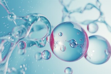 Cosmetic Essence, Liquid bubble, Molecule inside Liquid Bubble on DNA water splash background, 3d rendering