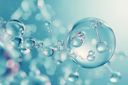 Cosmetic Essence, Liquid bubble, Molecule inside Liquid Bubble on DNA water splash background, 3d rendering