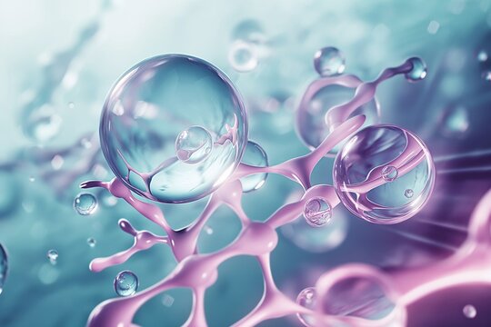 Cosmetic Essence, Liquid bubble, Molecule inside Liquid Bubble on DNA water splash background, 3d rendering