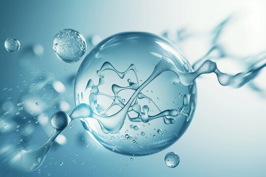 Cosmetic Essence, Liquid bubble, Molecule inside Liquid Bubble on DNA water splash background, 3d rendering