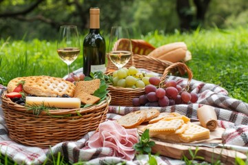 A charming wicker basket brimming with an array of delectable fruits, accompanied by a bottle of fine wine and a pair of elegant glasses, awaits to be enjoyed on a lush green blanket, creating the pe