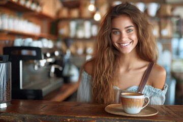 A cheerful woman poses with her coffee cup, radiating warmth and comfort in a cozy coffee shop surrounded by wooden walls and stylish serveware