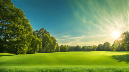 Wide lawn trimmed with precision under a blue sunny sky