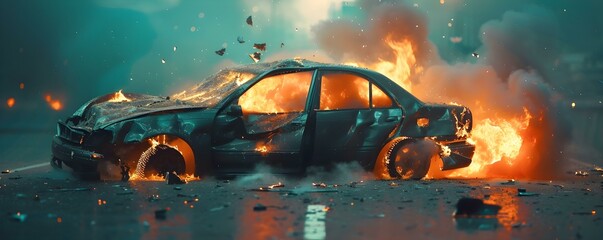 A car crumbles after a tragic accident caused by speeding and drunk driving. Concept Road Safety Awareness, Consequences of Speeding, Dangers of Drunk Driving, Tragic Accidents - obrazy, fototapety, plakaty