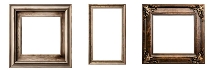 Vintage Antique wooden square carved photo frame isolated on white transparent background, Victorian European style wood border frame, luxury & royal decoration for photo, art - obrazy, fototapety, plakaty