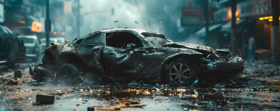 A devastating collision results in the total destruction of a car due to excessive speed and drunk driving. Concept Car Accident Consequences, Drunk Driving Awareness, Speeding Consequences