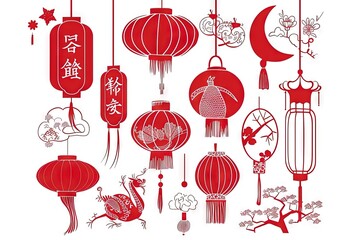 Fototapeta na wymiar Chinese lantern design set in red, gold and white, vector, isolated on white background