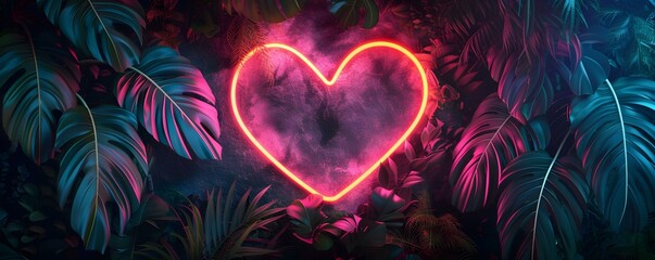Luxuriant foliage envelops a vibrant neon heart frame, evoking a contemporary and amorous ambiance. Concept Heart-shaped Neon Lights, Lush Greenery, Romantic Atmosphere, Contemporary Aesthetics - obrazy, fototapety, plakaty