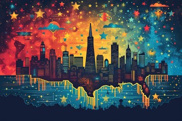 Colorful map of the us and the landmarks surrounding it, san francisco, new york, music, american football, barbecue, driving, empire state building, star and stripes flag, illustration