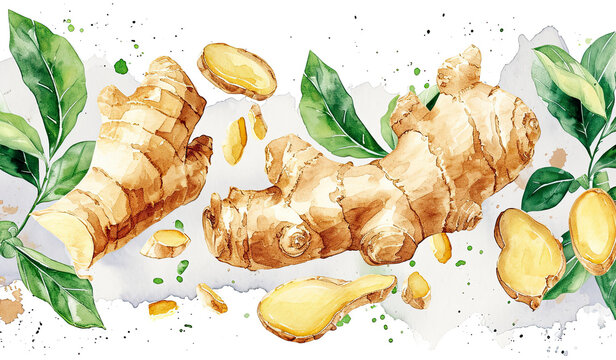 ginger root and leaves watercolor composition on white background