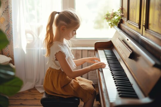 A young girl, dressed in elegant clothing, plays a beautiful melody on the spinet piano by the window, her fingers gracefully moving across the keys