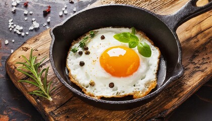 Fried egg with basil leaves in iron pan. Tasty breakfast on wooden board. Delicious food