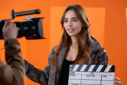 A determined woman stands before a blank wall, ready to bring her story to life with the snap of a clapperboard
