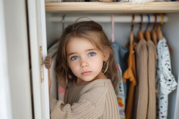 A young girl peers out from behind a shelf of clothing in the dimly lit closet, her human face betraying a mixture of fear and curiosity as she hides from the world