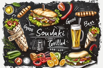 Illustration of a paper placemat with Greek gyros, souvlaki, sausages, vegetables and a glass mug of beer icons, featuring Gyros, Souvlaki, Grilled texts on a black background