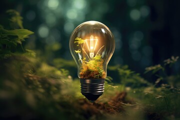 Small plant inside light bulb. Eco-friendly lightbulb in the forest. Energy saving, ecology, green energy. Save the planet. Earth Hour concept