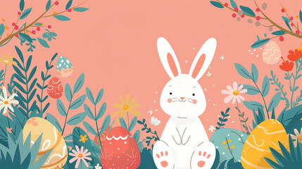 Easter Bunny Illustration with Festive Eggs.
illustrated Easter bunny with eggs in a floral setting.