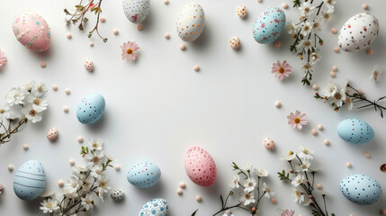Fototapeta na wymiar Minimalist Easter Eggs on White. Pastel Easter eggs on white with delicate spring flowers.