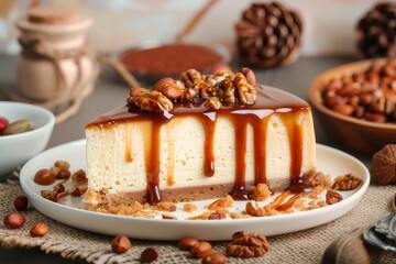 Indulge in the decadent combination of rich chocolate syrup and crunchy nuts drizzled over a luscious slice of cheesecake, beautifully presented on a delicate plate, creating a sweet and satisfying t