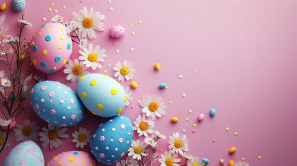 Fototapeta na wymiar Pink Easter Eggs and Daisy Decor. Pink backdrop with daisies and pastel Easter eggs.
