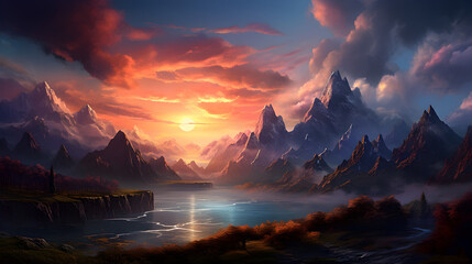 sunset over the mountains,,
Sunset over SnowCovered Mountain Peaks